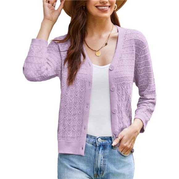 Women's 3/4 Sleeve Crochet Knit Button Down Cardigan Violet - Picture 1 of 5